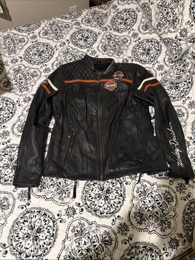 Harley-Davidson Black Leather Jacket with Orange and Cream Stripes